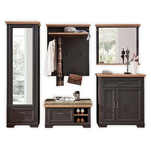 Stella Trading JASMIN Flurgarderoben Set in Graphit, Artisan Eiche Optik - Landhausstil Garderobenset 5-teilig für Ihren Eingangsbereich - 280 x 204 x 41 cm (B/H/T) von Stella Trading