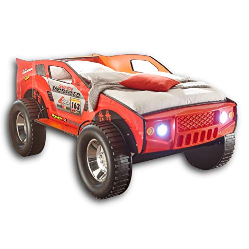 Stella Trading JEEP Autobett mit LED-Beleuchtung 90 x 200 cm - Aufregendes & hohes SUV Auto Kinderbett für kleine Rennfahrer in rot - 120 x 81 x 211 cm (B/H/T) von Stella Trading