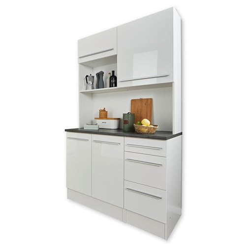 JAZZ Buffetschrank in Weiß Hochglanz, Metallic Grau - Geräumiger Küchenschrank mit Arbeitsplatte - 150 x 211 x 60 cm (B/H/T) von Stella Trading