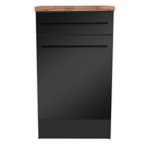 Jazz Moderner Küchenunterschrank in Schwarz matt, Lanzelot Eiche Optik - Geräumiger Unterschrank Küche mit viel Stauraum - 50 x 90 x 60 cm (B/H/T) von Stella Trading