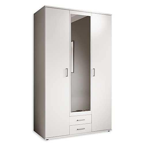 Stella Trading KARL Eleganter Kleiderschrank 3-türig mit viel Stauraum - Vielseitiger Drehtürenschrank in Weiß mit Spiegeltür - 120 x 195 x 55 cm (B/H/T) von Stella Trading