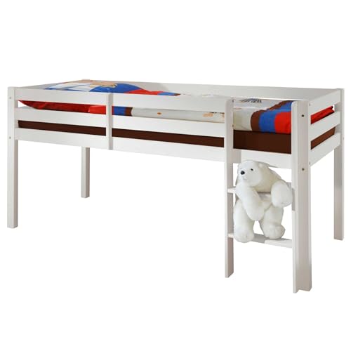 Stella Trading KENI Hochbett mit Leiter & 90 x 200 cm Liegefläche - Platzsparendes Kinder Etagenbett aus massiver Kiefer, weiß - 97 x 113 x 207 cm (B/H/T) von Stella Trading