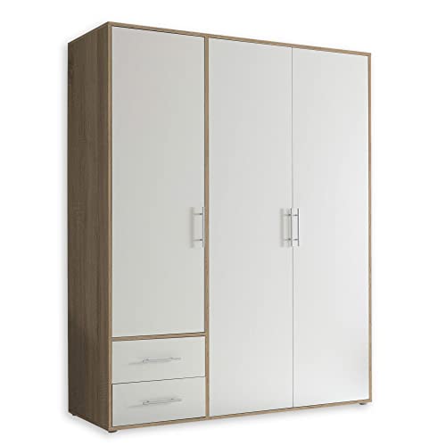 Stella Trading Kleiderschrank in Eiche Sonoma Optik, Weiß - Vielseitiger Drehtürenschrank 3-türig mit viel Stauraum für Ihr Schlafzimmer - 155 x 195 x 60 cm (B/H/T) von Stella Trading
