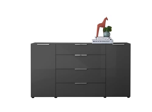 Stella Trading Sideboard Kommode SANTORIN Anthrazit 180 cm breit mit Glasfront, Schrank Korpus in Anthrazit mit Oberboden in Glas und Schubladen für Ihren Wohnbereich - 180 x 99 x 40 cm (B/H/T) von Stella Trading
