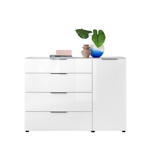 Kommode SANTORIN weiß mit Glasfront, Schrank Korpus in weiß mit Oberboden in Glas-mit viel Stauraum und Schubladen für Ihren Wohnbereich - 135 x 99 x 40 cm (B/H/T) von Stella Trading