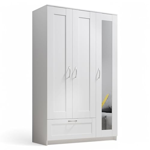 Stella Trading LEPINI Kleiderschrank mit Spiegeltür in Weiß - Vielseitiger Drehtürenschrank 3-türig für Ihr Schlafzimmer - 117 x 191 x 50 cm (B/H/T) von Stella Trading