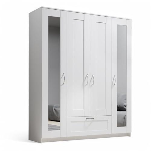 Stella Trading LEPINI Kleiderschrank mit Spiegeltüren in Weiß - Vielseitiger Drehtürenschrank 4-türig für Ihr Schlafzimmer - 156 x 191 x 50 cm (B/H/T) von Stella Trading
