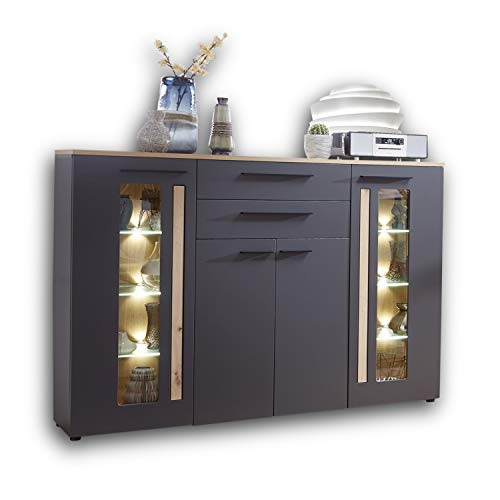 Stella Trading LOFT-TWO Highboard in Artisan-Eiche Optik, graphit - Hochwertiger Eyecatcher inkl. LED-Beleuchtung für Ihren Wohnbereich - 180 x 133 x 37 cm (B/H/T) von Stella Trading