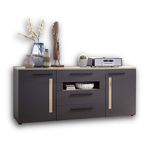 Stella Trading LOFT-TWO Sideboard in Artisan-Eiche Optik, graphit - ausdrucksstarke Softclose Kommode für Ihren Wohnbereich - 180 x 81 x 44 cm (B/H/T) von Stella Trading