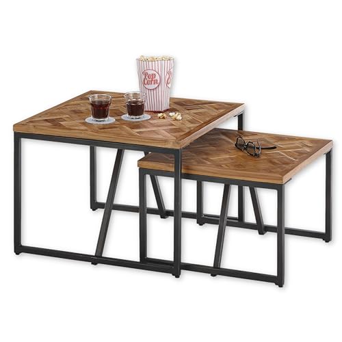 LOLA Beistelltisch 2er Set, Teak-Holz recycelt - Hochwertiges Couchtisch Set mit schwarzem Metallgestell - 60 x 45 x 60 cm (B/H/T) von Stella Trading