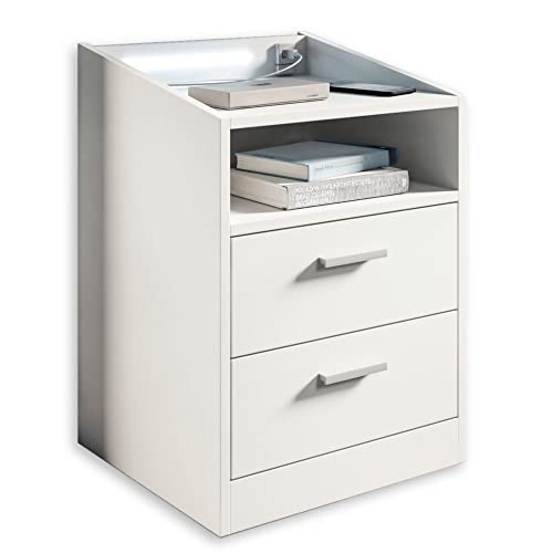 LUMO Nachttisch in Weiß - Funktionaler Nachtschrank mit USB-Anschluss und LED-Beleuchtung - 46 x 67 x 42 cm (B/H/T) von Stella Trading
