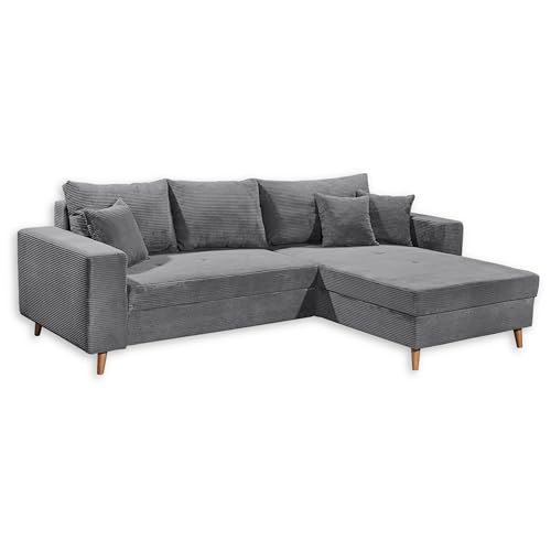 Stella Trading Larina Ecksofa in Cord-Optik mit Schlaffunktion, Ash - Moderne Eckcouch in L-Form mit Bettkasten und Massivholz Füßen - 282 x 92 x 186 cm (B/H/T) von Stella Trading