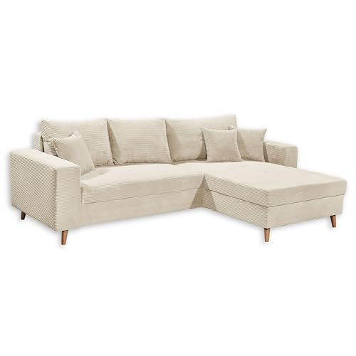 Stella Trading Larina Ecksofa in Cord-Optik mit Schlaffunktion, Cream - Moderne Eckcouch in L-Form mit Bettkasten und Massivholz Füßen - 282 x 92 x 186 cm (B/H/T) von Stella Trading