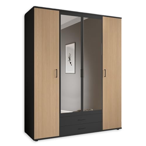 LAURIE Kleiderschrank mit Spiegeltüren - Vielseitiger Drehtürenschrank 4-türig in Graphit, Eiche Optik - 159 x 196 x 53,5 cm (B/H/T) von Stella Trading