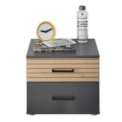 Stella Trading Laurie Nachttisch in Graphit, Eiche Optik - Moderner Nachtschrank mit Schubladen für Ihr Schlafzimmer - 46 x 39 x 41 cm (B/H/T) von Stella Trading