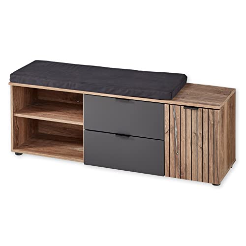 Stella Trading Linea Schuhbank mit Sitzfläche in Flagstaff Oak Optik, Anthrazit - Moderne Sitzbank mit Stauraum für Flur und Garderobe - 134 x 51 x 38 cm (B/H/T) von Stella Trading