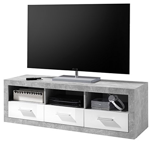 STONE TV-Lowboard in Beton Optik, Weiß Hochglanz - Moderner TV Schrank mit Schubladen und viel Stauraum für Ihr Wohnzimmer - 147 x 49 x 45 cm (B/H/T) von Stella Trading