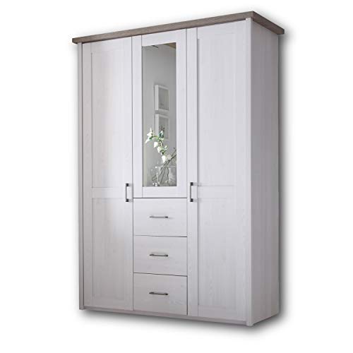 LUCA KOMFORT Eleganter Kleiderschrank im Landhausstil 3-türig - Vielseitiger Drehtürenschrank mit Spiegeltür in Pinie Weiß / Trüffel - 150 x 212 x 62 cm (B/H/T) von Stella Trading