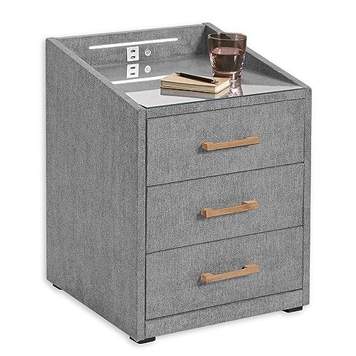 LUNA Nachttisch Boxspringbett, Dunkelgrau - Funktionaler Nachtschrank mit USB-Anschluss und LED-Beleuchtung - 47 x 61 x 46 cm (B/H/T) von Stella Trading