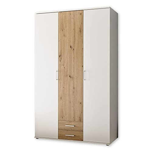 Stella Trading MARBURG Kleiderschrank in Weiß, Artisan Eiche Optik - Vielseitiger Drehtürenschrank 3-türig für Ihr Schlafzimmer - 120 x 196 x 54 cm (B/H/T) von Stella Trading