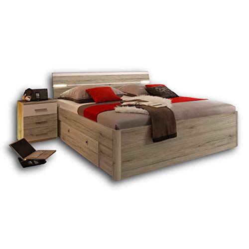 Stella Trading MARS Stilvolle Doppelbett Bettanlage 180 x 200 cm mit 2x Nachtkommoden - Schlafzimmer Komplett-Set in Eiche San Remo Optik, weiß - 216 x 97 x 185 cm (B/H/T) von Stella Trading