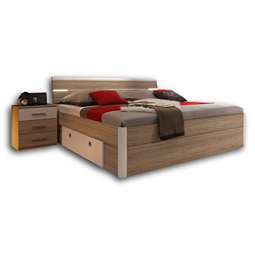 Stella Trading MARS Stilvolle Doppelbett Bettanlage 180 x 200 cm mit 2x Nachtkommoden - Schlafzimmer Komplett-Set in Eiche Sonoma Optik, weiß - 216 x 97 x 185 cm (B/H/T) von Stella Trading