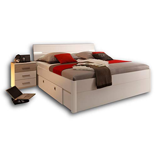 Stella Trading MARS Stilvolle Doppelbett Bettanlage 180 x 200 cm mit 2x Nachtkommoden - Schlafzimmer Komplett-Set in weiß / Eiche Sonoma Optik - 216 x 97 x 185 cm (B/H/T) von Stella Trading