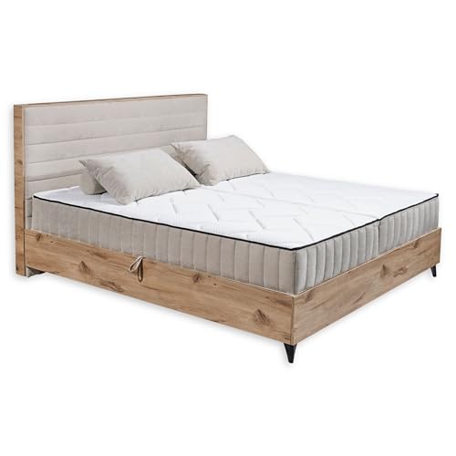 Stella Trading MATRAS Boxbett 180x200, Optik Bequemes Doppelbett mit Bettkasten und 9-Zonen-Federkern Matratze, Viking Oak/Sand, 180 x 200 cm von Stella Trading