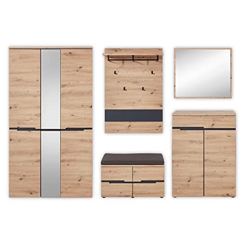 Stella Trading MEMPHIS Flurgarderoben Set in Artisan Eiche Optik, Graphit - Modernes Garderobenset 5-teilig für Ihren Eingangsbereich - 295 x 192 x 38 cm (B/H/T) von Stella Trading