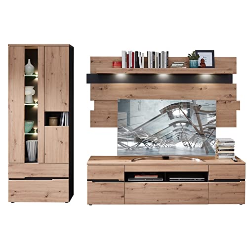 Stella Trading MEMPHIS Wohnwand Komplett-Set in Artisan Eiche Optik, Graphit - Moderne Schrankwand mit LED-Beleuchtung für Ihr Wohnzimmer - 287 x 197 x 47 cm (B/H/T) von Stella Trading