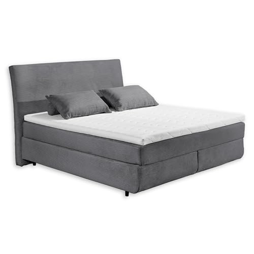 Stella Trading Marbella 6 Boxspringbett 180x200 in Cord-Optik, Ash - Bequemes Doppelbett mit 7-Zonen Federkern Wendematratze & Kaltschaum Topper - 185 x 126 x 216 cm (B/H/T) von Stella Trading