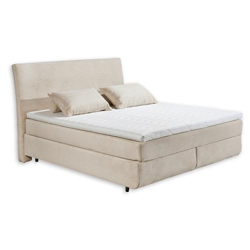 Stella Trading Marbella 6 Boxspringbett 180x200 in Cord-Optik, Cream - Bequemes Doppelbett mit 7-Zonen Federkern Wendematratze & Kaltschaum Topper - 185 x 126 x 216 cm (B/H/T) von Stella Trading