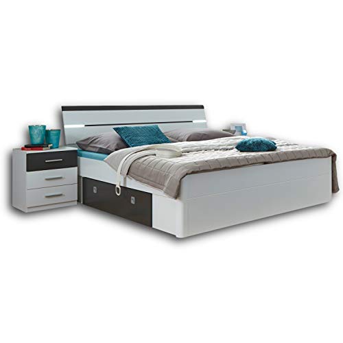 Stella Trading MARS Stilvolle Doppelbett Bettanlage 180 x 200 cm mit 2x Nachtkommoden - Schlafzimmer Komplett-Set in weiß / Lava-Optik - 216 x 97 x 185 cm (B/H/T) von Stella Trading