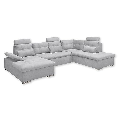 MEDAN Wohnlandschaft in U-Form, Stoffbezug Hellgrau - Ausziehbares Sofa mit Schlaffunktion und Bettkasten - 324 x 107 x 170 (218) cm (B/H/T) von Stella Trading