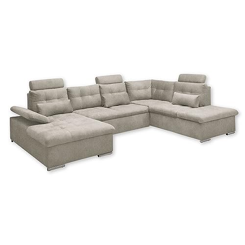 Stella Trading Medan Wohnlandschaft in U-Form, Stoffbezug Stone - Ausziehbares Sofa mit Schlaffunktion und Bettkasten - 324 x 107 x 170 (218) cm (B/H/T) von Stella Trading