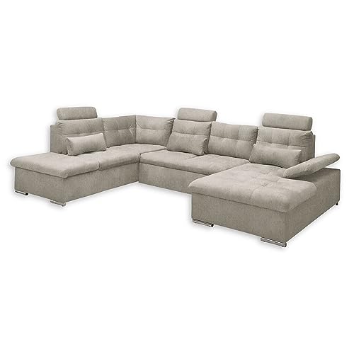 MEDAN Wohnlandschaft in U-Form, Stoffbezug Stone - Ausziehbares Sofa mit Schlaffunktion und Bettkasten - 324 x 107 x 170 (218) cm (B/H/T) von Stella Trading