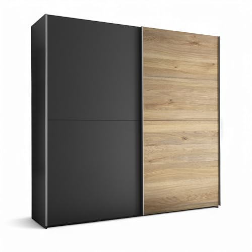 Stella Trading Melton Kleiderschrank in Graphit, Mauvella Oak Optik - Vielseitiger Schwebetürenschrank 2-türig für Ihr Schlafzimmer - 215 x 210 x 60 cm (B/H/T) von Stella Trading