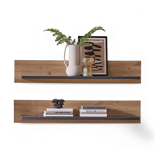 Stella Trading Memphis 2er Set Wandboard in Artisan Eiche Optik, Graphit FSC-Zertifiziert - Vielseitig einsetzbare Wandregale mit LED-Beleuchtung - 100 x 15 x 23 cm (B/H/T) von Stella Trading