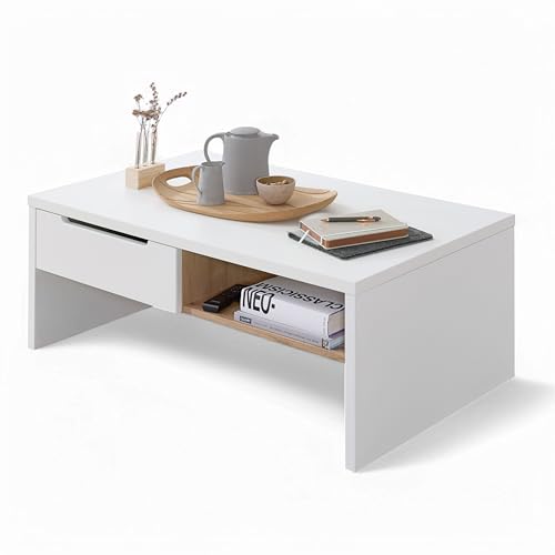 Stella Trading Memphis Vitrine in Weiß, Artisan Eiche Optik - Moderner Vitrinenschrank mit LED-Beleuchtung und viel Stauraum - 75 x 197 x 38 cm (B/H/T) von Stella Trading