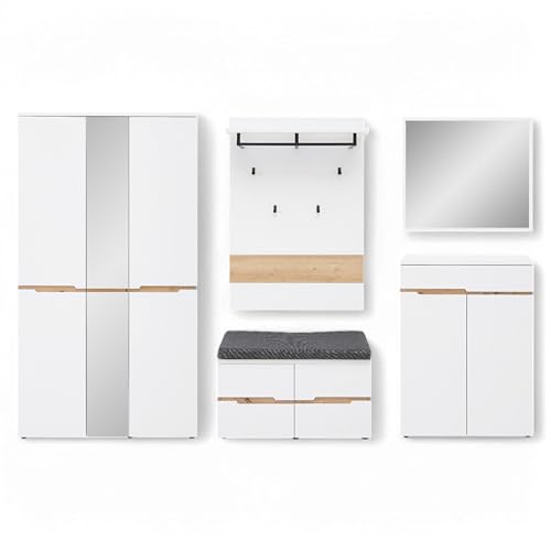Stella Trading Memphis Flurgarderoben Set in Weiß, Artisan Eiche Optik - Modernes Garderobenset 5-teilig für Ihren Eingangsbereich - 295 x 192 x 38 cm (B/H/T) von Stella Trading