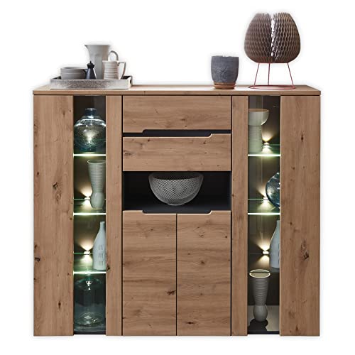Stella Trading Memphis Highboard in Artisan Eiche Optik, Graphit - Moderner Wohnzimmerschrank mit Schubladen und LED-Beleuchtung - 145 x 127 x 38 cm (B/H/T) von Stella Trading