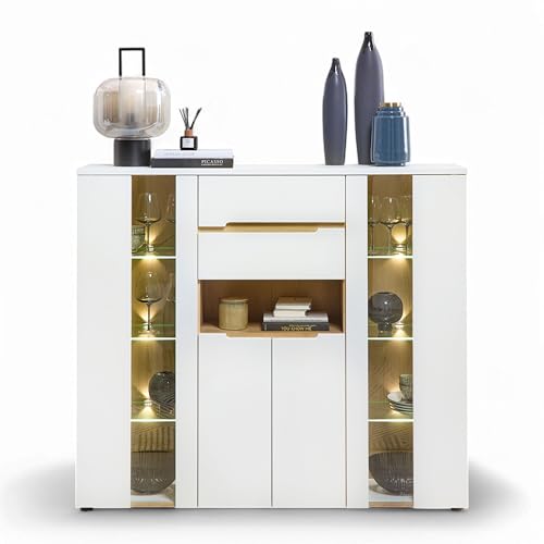 Stella Trading Memphis Highboard in Weiß, Artisan Eiche Optik - Moderner Wohnzimmerschrank mit Schubladen und LED-Beleuchtung - 145 x 127 x 38 cm (B/H/T) von Stella Trading