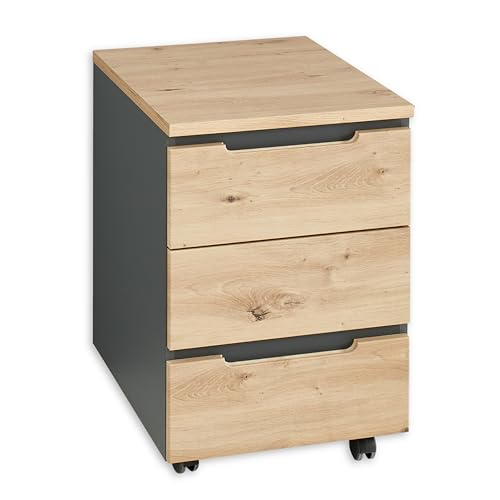 Stella Trading Memphis Rollcontainer Schreibtisch in Artisan Eiche Optik, Graphit - Mobiler Büroschrank mit Schubladen - 45 x 66 x 55 cm (B/H/T) von Stella Trading