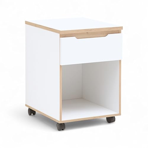 Stella Trading Memphis Rollcontainer Schreibtisch in Weiß, Artisan Eiche Optik - Mobiler Büroschrank mit Schublade - 45 x 66 x 55 cm (B/H/T) von Stella Trading