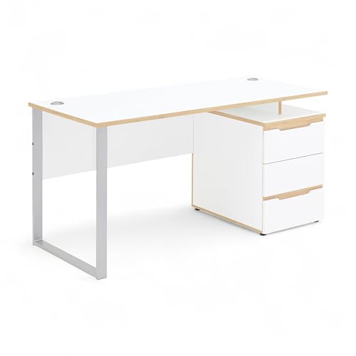 Stella Trading Memphis Schreibtisch in Weiß, Artisan Eiche Optik - Moderner Bürotisch Computertisch mit Metallgestell & Rollcontainer - 150 x 77 x 73 cm (B/H/T) von Stella Trading