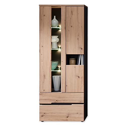 Stella Trading Memphis Vitrine in Artisan Eiche Optik, Graphit - Moderner Vitrinenschrank mit LED-Beleuchtung und viel Stauraum - 75 x 197 x 38 cm (B/H/T) von Stella Trading