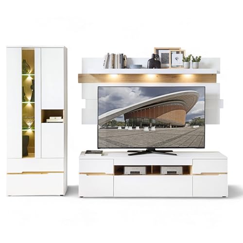 Stella Trading Memphis Wohnwand Komplett-Set in Weiß, Artisan Eiche Optik - Moderne Schrankwand mit LED-Beleuchtung für Ihr Wohnzimmer - 287 x 197 x 47 cm (B/H/T) von Stella Trading