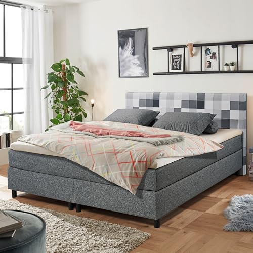 Stella Trading Modena Boxbett 180x200, Anthrazit-Bequemes Doppelbett mit außergewöhnlichem grafischem Muster & Komfortschaum Topper, Modern, 180 x 200 cm von Stella Trading