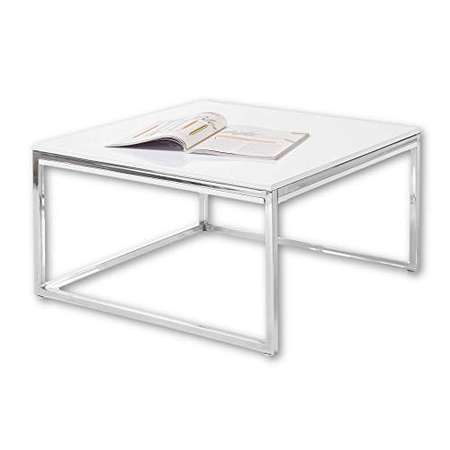 Stella Trading Moderner Couchtisch weiß Hochglanz mit verchromtem Metall Gestell - stylisher Sofatisch für Ihren Wohnbereich - 70 x 40 x 70 cm (B/H/T) von Stella Trading