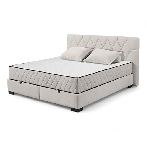 NAGOL B Boxbett 180x200, Sand - Bequemes Doppelbett mit Bettkasten und Premium 9-Zonen-Federkern Wendematratze - 205 x 114 x 214 cm (B/H/T) von Stella Trading